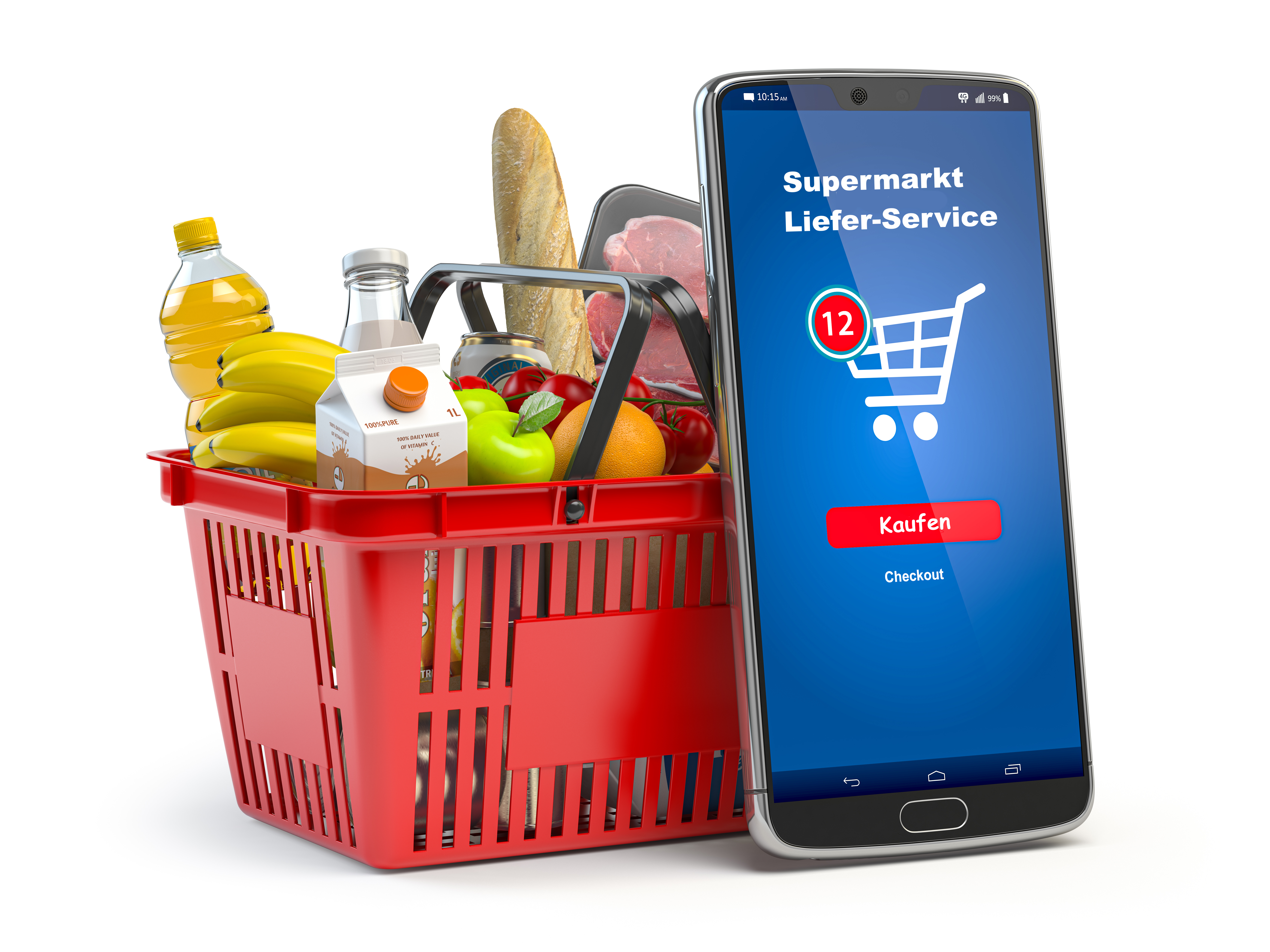 Einkaufsorb mit verschiedenen Lebensmitteln, davor ein großes Smartphone mit einer LieferService-App