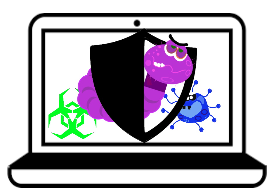 Laptop mit Schutzschild, der Schadsoftware Würmer und Viren zurückhält