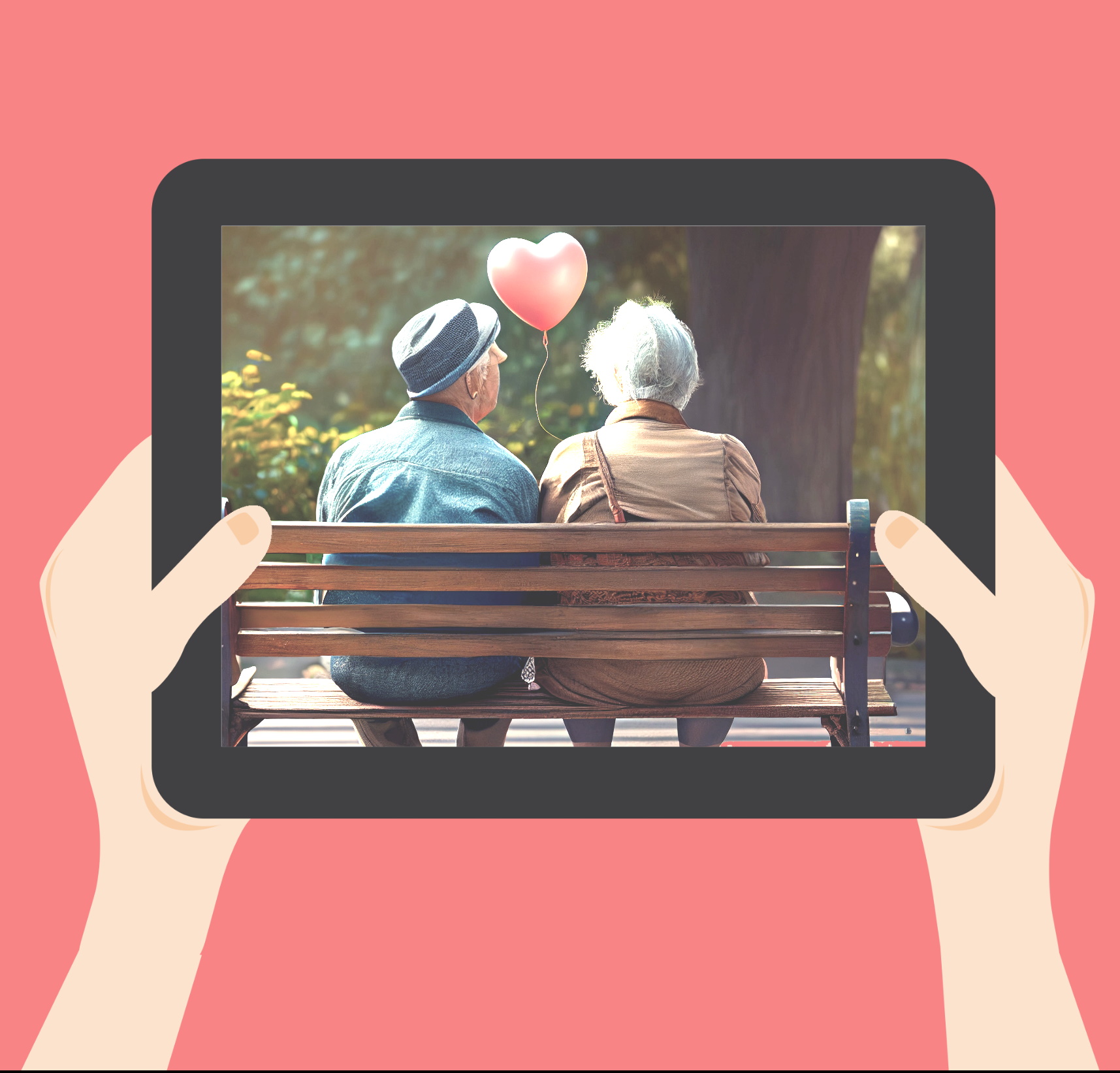 älteres Pärchen auf Parkbank mit Herz-Ballon zwischen sich auf einem Tablet-Bildschirm