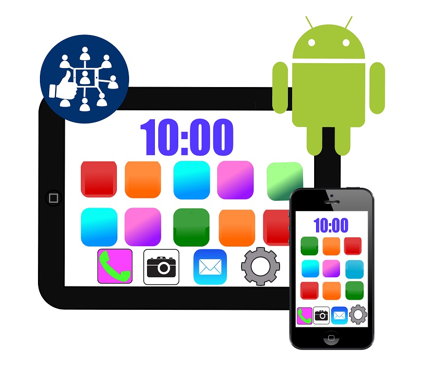 Laptop und Smartphone mit Apps, darüber Android-Symbol und Logo der Besserdabei kurse