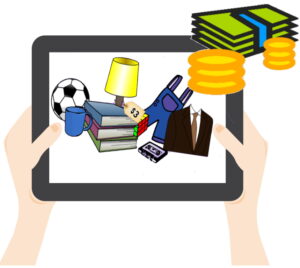 Grafik: Hände halten ein Tablet auf dessen Display verschiedene Gegenstände wie Bücher, Lampe, Leidung, Fussbal angezeigt sind. oberhalb desTablets sieht man Münzen und Geldscheine