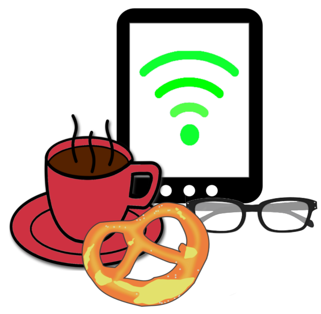 Illustration eines Tablets mit WLAN Symbol auf dem Display, davor eine Kaffeetasse, eine Breze und eine Brille