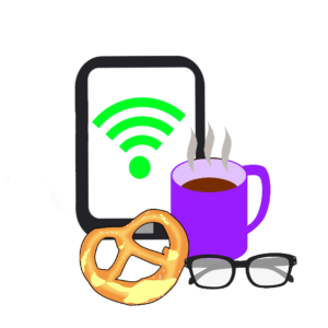 Illustration eines Tablets mit WlAN Symbol auf dem Display, davor eine Breze, Kaffeetasse und Brille