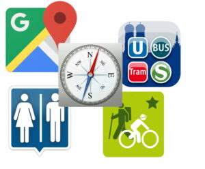 Verschiedene App-Symbole bekannte Navigations- und OrientierungsApps wie MVV, WC Finder,...