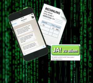 Smartphone mit Abzock-SMS, Grafik einer Rechnung und eines Zustimmungs-Buttons, vor einem dunklen Hintergrund mit Programmiersprache in Grün<br />