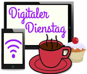 Grafik eines Tablets und eines Smartphones auf dem ein WLAN Symbol und der Text Digitaler Dienstag stehen. Davor ein Muffin und eine Kaffee Tasse